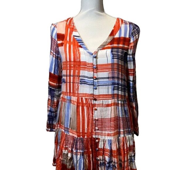 Maeve Anthropologie Babydoll Tunic Top Button Front V-Neck Red White Blue Size M - Picture 1 of 11